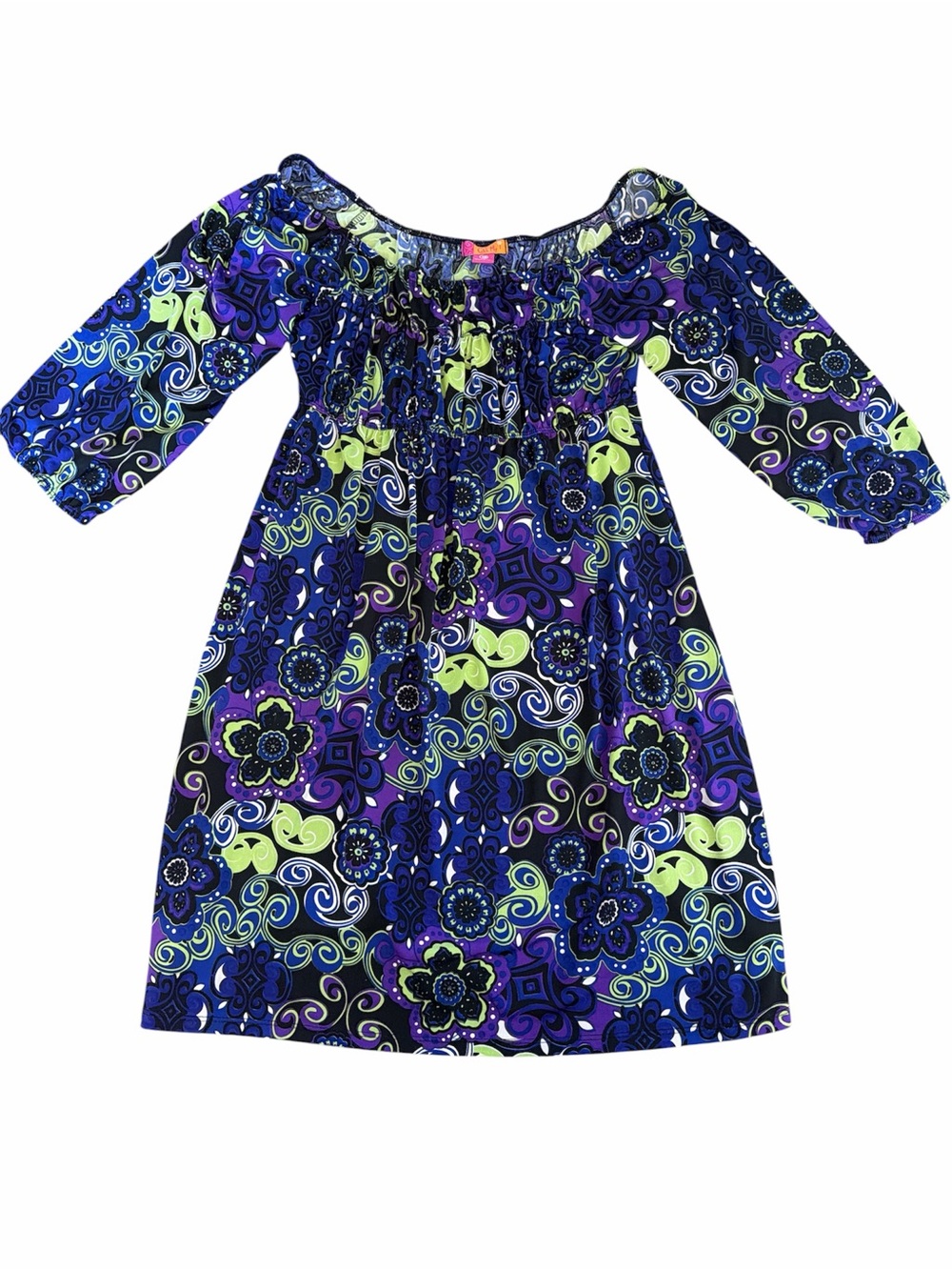 Boho 70s Floral Off-Shoulder/wide neck Dress in Purple & Lime L
